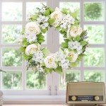SAHLA Artificial Peony Flower Wreath 16inch White Peony Wreath with Silk Hydrangea Flowers and Green Leaves Spring Summer Wreaths for Front Door Wall Home Decor