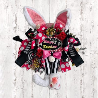 Satiable Easter Bunny Wreath Decorations for Front Door Satin Ribbon Bow Wreath Easter Rabbit Butt and Ears Garland Home Decor for Porch Farmhouse Door Wall Window Party Supplies 15.7" x 19.7"