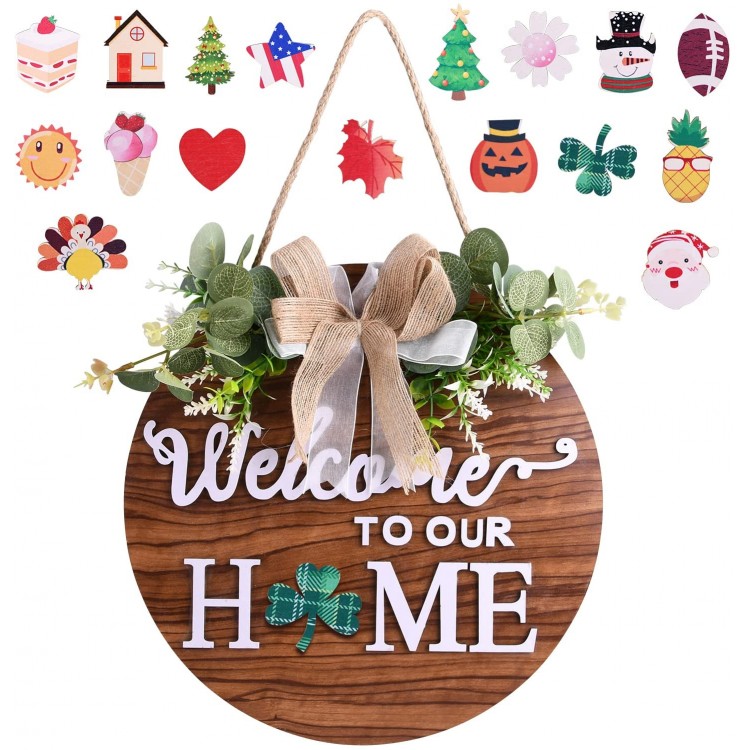 Seasonal Door Sign Interchangeable Outdoor Welcome Sign Decor Welcome to Our Home Sign with Wall Hanging and Ribbon Bow Use for Farmhouse Porch Front Door Decoration