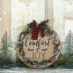 Sfozstra Christmas WoodenComfort and JOY Sign Creative Front Door Decorations with Bow Garland and Greenery for Christmas Home Decor Props Simple and Beautiful Housewarming Gifts