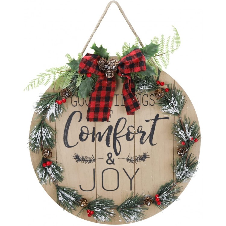 Sfozstra Christmas WoodenComfort and JOY Sign Creative Front Door Decorations with Bow Garland and Greenery for Christmas Home Decor Props Simple and Beautiful Housewarming Gifts