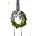 Small Mini Preserved Boxwood Wreath for Spring Summer Everyday w Black & White Taffeta Gingham Check Ribbon & Bow for Farmhouse Home Decor Farmhouse Style Gift Handmade Choose 6 or 8 Inch