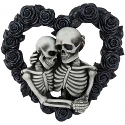 Taktom Day of The Dead Till Death Do Us Part Gothic Skeleton Couple Embracing Heart Shaped Black Roses Wreath Wall Sculpture -Gothic Skeleton Lovers Valentine's Day Gift Home Decor Accent Door