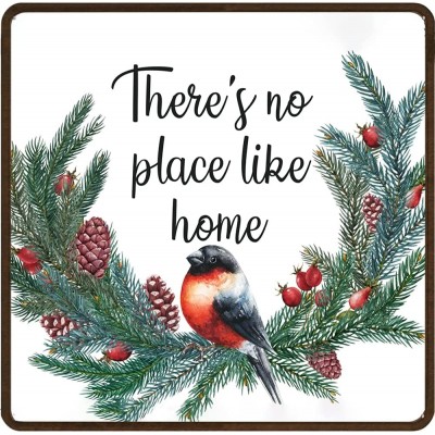 There's No Place Like Home Fun Tin Sign Forest Bird Wreath Home Decor Rustic Woodland Cabin Metal Sign Wreath Sign For Home Office Cafe Bar Club Farmhouse Housewarming Gift 12X12 Inches Square Sign