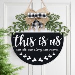This is Us Door Wreath Welcome Wreaths Hanging Porch Sign with Greenery Bow Rustic Round Welcome Sign Farmhouse Front Door Decor Wooden Hanger Family Signs for Home Thanksgiving- 12 inch Black