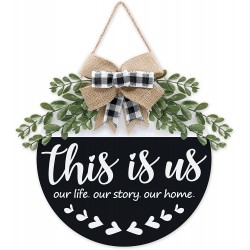 This is Us Door Wreath Welcome Wreaths Hanging Porch Sign with Greenery Bow Rustic Round Welcome Sign Farmhouse Front Door Decor Wooden Hanger Family Signs for Home Thanksgiving- 12 inch Black