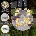 Upgrade Prelit Welcome Hello Decor Wreath for Front Door 12'' Hello Wooden Sign with Timer Battery Operated Hanging Door Decorations for Spring Summer Farmhouse Porch Home Wall Decor