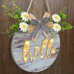 Upgrade Prelit Welcome Hello Decor Wreath for Front Door 12'' Hello Wooden Sign with Timer Battery Operated Hanging Door Decorations for Spring Summer Farmhouse Porch Home Wall Decor