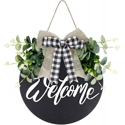 Welcome Sign for Front Door Wooden Wreath for Farmhouse Hanging Sign for Front Door and Porch Decor Holiday Home Wall Decorations Black