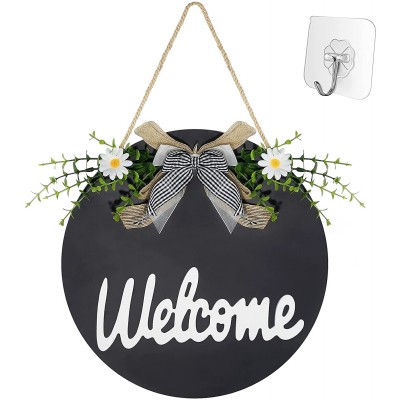 Welcome Sign Wreath for Front Door，Rustic Wooden Hanging Hello Sign with Eucalyptus Leaves and Plaid Bow Welcome Wreath Sign Door Hanger for Farmhouse Porch Home Decor Black-Welcome Black-Welcome