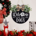 Welcome We Hope You Like Dogs Farmhouse Door Sign for Front Door Porch Decor with Eucalyptus Leaves & Buffalo Bow Welcome Wreath Sign Hanging for Dogs Lovers Christmas Decoration Housewarming Gift
