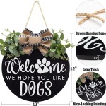 Welcome We Hope You Like Dogs Farmhouse Door Sign for Front Door Porch Decor with Eucalyptus Leaves & Buffalo Bow Welcome Wreath Sign Hanging for Dogs Lovers Christmas Decoration Housewarming Gift
