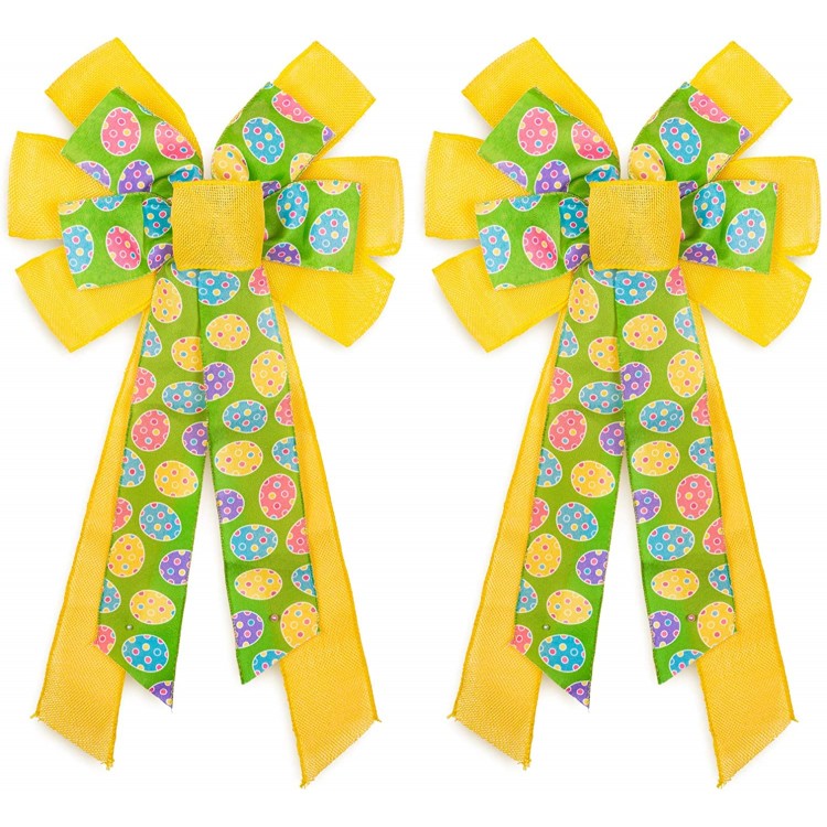 Whaline 2Pcs Easter Large Wreath Bow with Easter Eggs Easter Door Wall Decoration Large Colorful Bows Multilayer Wreath Bow Wall Ornaments for Home Decor Easter Party