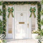 Whaline 2Pcs St.Patrick's Day Wreath Bow Decoration Large Green Glitter Clovers Bows Flax Shamrock Door Wall Ornaments for Home Decor St. Patrick's Day Party