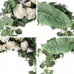 White Rose Wedding Arch Swag Flower Wreath 23.6 Inch Artificial Floral Garland Decorative Swag with Green Leaves for Party Front Door Wall Home Decor