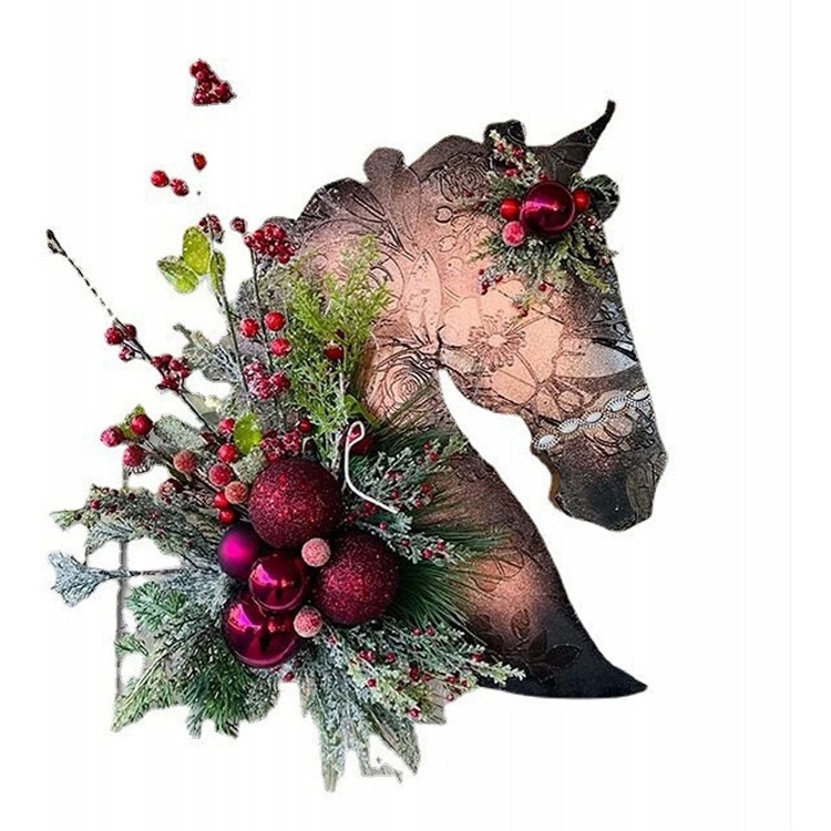 Winter Wreath Farm Houses Horse Head Christmas Wreath Front Door Hanging Wreath Decoration Autumn Equestrian Wooden Flower Wreath Welcome Sign for Home Decor B 14.1715.75inch