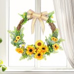 WUHNGD Artificial Flower Wreath Sunflower Floral Wreath Spring Flower Wreath Yellow Faux Flowers Garland with Fern Leaf Front Door Wall Wedding Party Home Decor 15.7In
