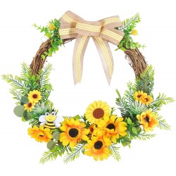 WUHNGD Artificial Flower Wreath Sunflower Floral Wreath Spring Flower Wreath Yellow Faux Flowers Garland with Fern Leaf Front Door Wall Wedding Party Home Decor 15.7In