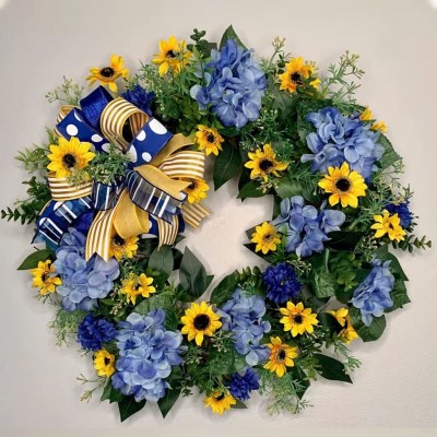 Yellow and Blue Wreath,Ukraine Flag Sunflower Front Door Wreath,Colorful Cottage Wreath,Sunflower and Hydrangea Wreaths,Spring Decorations Decor,for Front Door or Spring Decorations for Home 22 Inch