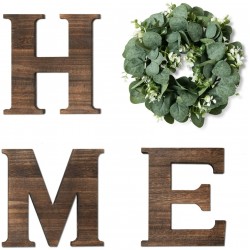 Yoleshy Wooden Home Sign with Artificial Eucalyptus Wreath for O 9.8'' Home Letters with Wreath for Wall Hanging Decor Rustic Wall Letters Decor for Living Room Entry Way Kitchen Etc Brown