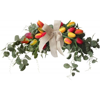 Yumfoz 30 Inch Tulip Flower Swag Wreath with Greenery Eucalyptus for Front Door Spring Summer Tulip Floral Wreath Handmade Silk Tulip Wreaths for Wedding Party Office Home Decor