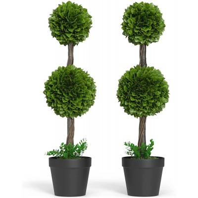 Barnyard Designs 3ft 36” Artificial Boxwood Topiary Ball Tree Front Porch Home Decor Faux Fake Plant Decoration Set of 2