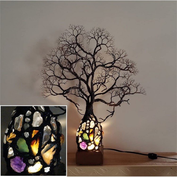 GEZI Ancient Tree Metal Sculpture Gemstone Accent Lamp Tree of Life Sculptures Tabletop Resin Sculpture Gemstone Decor Healing Gemstone Crystal Bonsai Fortune Money Tree A