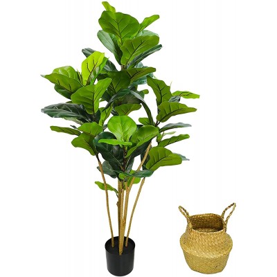 GUYUSO Artificial Fiddle fig Tree Fiddle Plant lyrata Plant with Seagrass Basket 46in Tall,63 Leaves Fake fig Tree with Silk Plants for Indoor Home Decoration