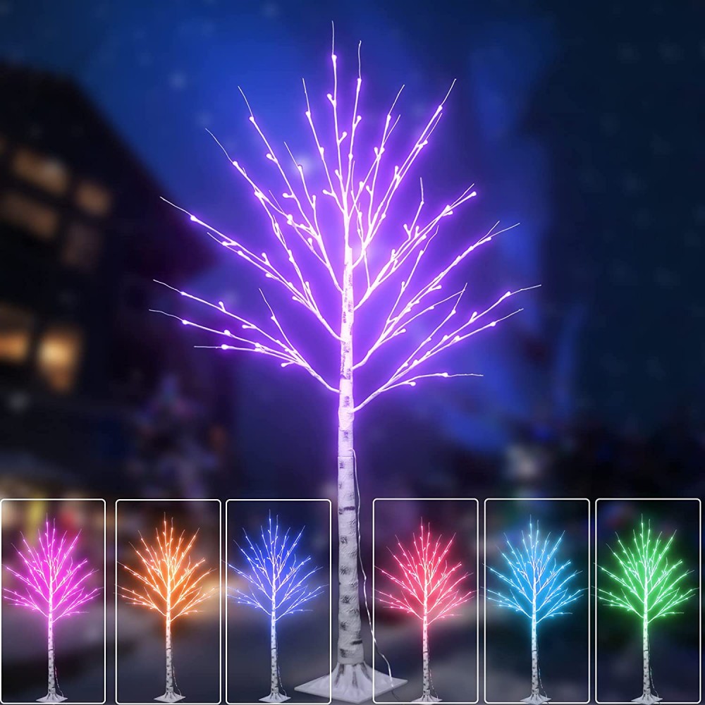 Outdoor Colorful Lighted Birch Tree for Christmas Decoration 5FT Color Changing Light Up LED White Tree Pink Multicolor Green Artificial Birch Branch with Remote for Home Holiday Wedding Party Decor