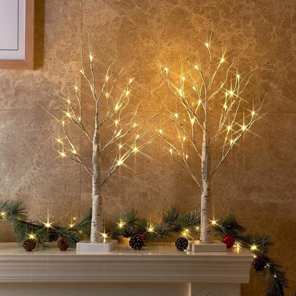 PEIDUO Set of 2 2FT 24LT Birch Tree Battery Powered Warm White LED for Home Decoration Wedding