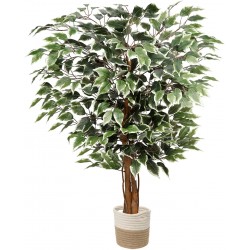 plant Artificial Ficus Tree 3ft in Cotton Pot Fake Silk Plant with Green White Leaves Natural Trunk for Indoor Outdoor Home Garden Decor Green,white