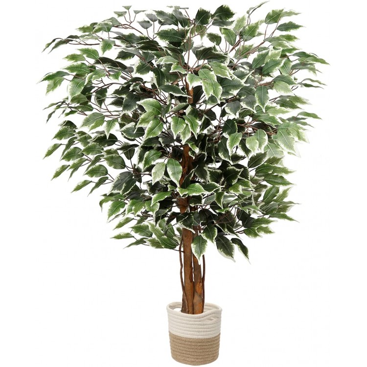 plant Artificial Ficus Tree 3ft in Cotton Pot Fake Silk Plant with Green White Leaves Natural Trunk for Indoor Outdoor Home Garden Decor Green,white