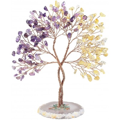 SUNYIK Healing Crystal Tree Sculpture Set on Natural Agate Slices Base Tree of Life Fengshui Handmade Gift Home Decor for Love and Good Luck Amethyst & Citrine