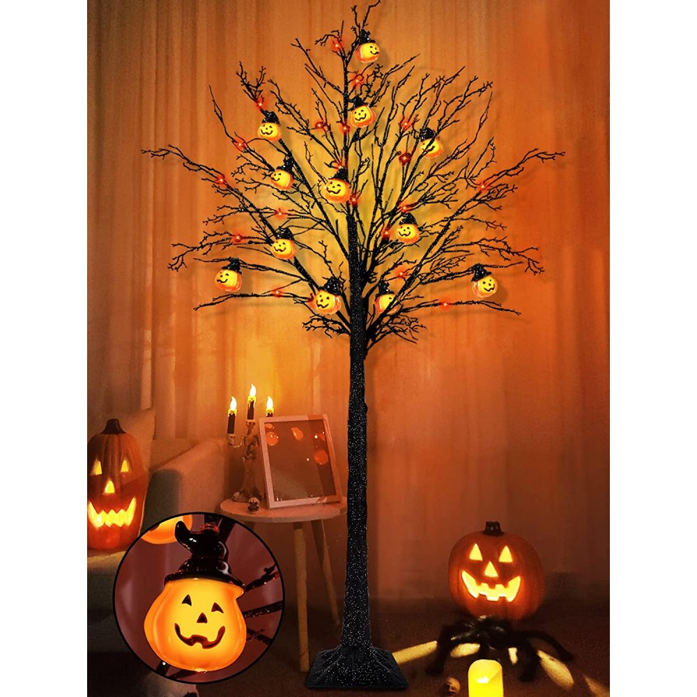 TURNMEON 6 Feet Halloween Black Tree Decorations with Timer Total 96 LED Orange Lights 24 Jack-O-Lantern Ornaments Pumpkins Glittered Artificial Tree for Indoor Outdoor Garden Yard Holiday Party Home