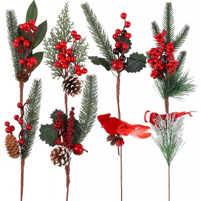 URATOT 8 Pack Artificial Christmas Picks 13.8 Inches Pine Tree Branches Stems Faux Pine Picks with Pine Cones Red Berry Flower Ornaments for Xmas Wreaths Home Vase Decor