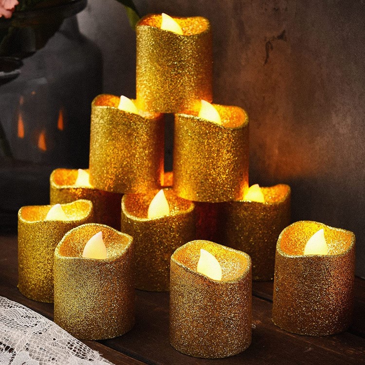 24 Pieces Flameless Votive Candles Glitter LED Tea Light Candles Battery Operated Candle Fake Candle for Wedding Centerpiece Table Party Decorations Gold
