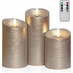 Battery Operated Candles with Flickering Flame Real Wax Flameless Candles with Timer Set of 3 Electric Remote Control Candles for Home Decoration Silver