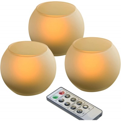 Battery Operated Flameless LED Candles with Remote Timer Flickering Realistic Electric Big Tea Lights with Ball Shape Frosted Glass Holder for Wedding Party Christmas Centerpiece Fireplace Decor 3Pack