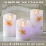 CHERIMENT Beach Theme Decor Flameless Candles with Remote Embedded Starfish and Seashell LED Candles Battery Operated Candles for Home Party Bedroom Christmas Decor -Set of 3