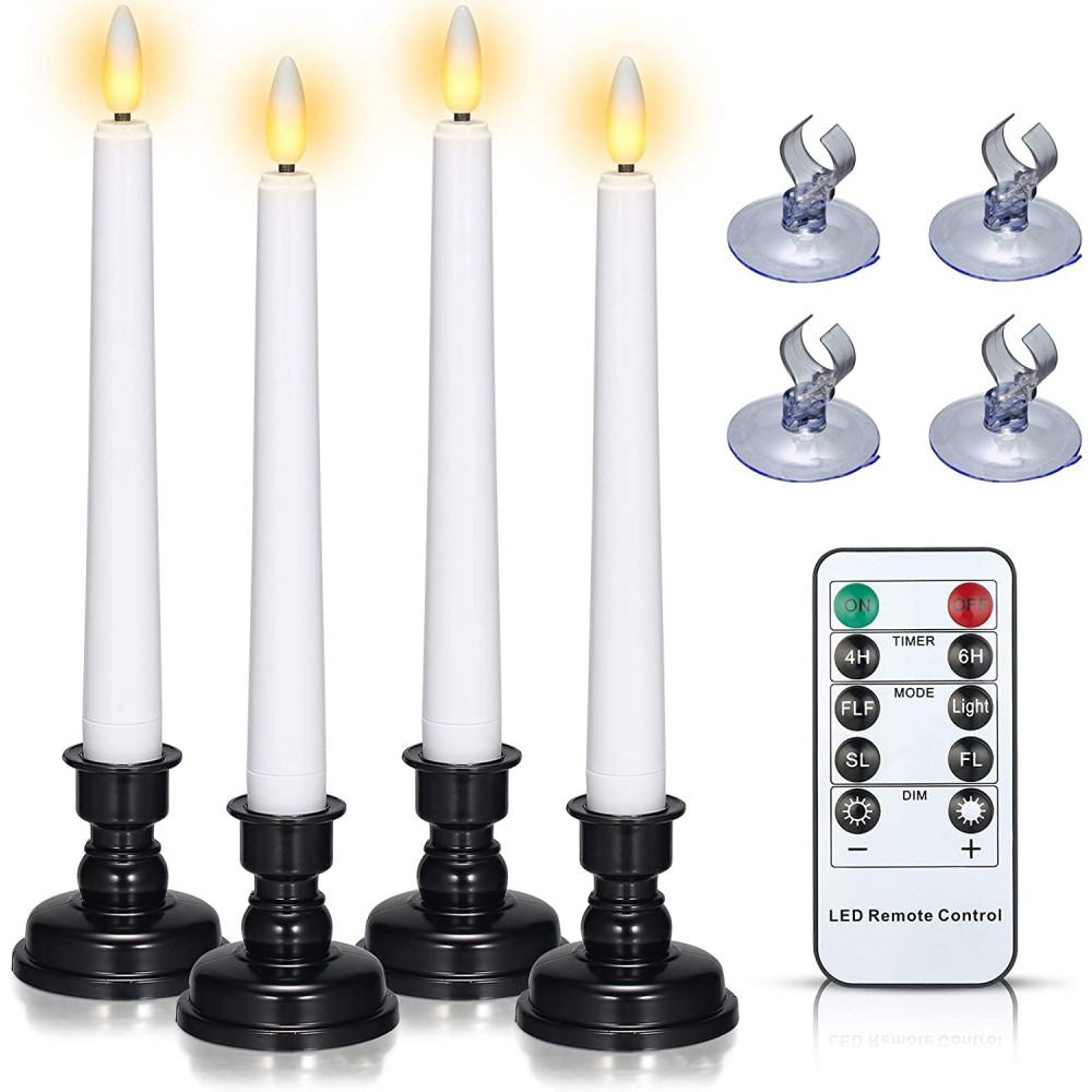 Christmas Window Candles Battery Operated PChero 4pcs Flameless Taper Candles with Timer Remote Black Holders & Suction Cups Flickering LED Candle Lights for Thanksgiving Seasonal Decoration