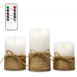 CRYSTAL CLUB White Pillar Candles Set of 3 Flickering Flameless Candles with Remote and Timer Battery-Operated & Real Wax LED Candle with Hemp Rope for Ocean Home Bedroom Decor