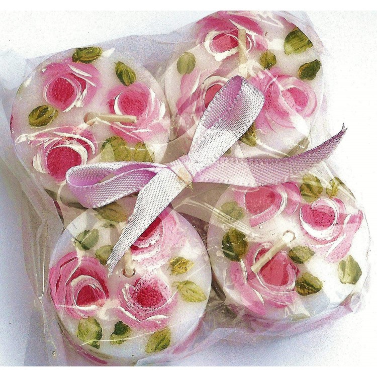 Cute Romantic Shabby Chic Decor Decorative Mini White Votive Candles Set with Hand Painted Pink Roses