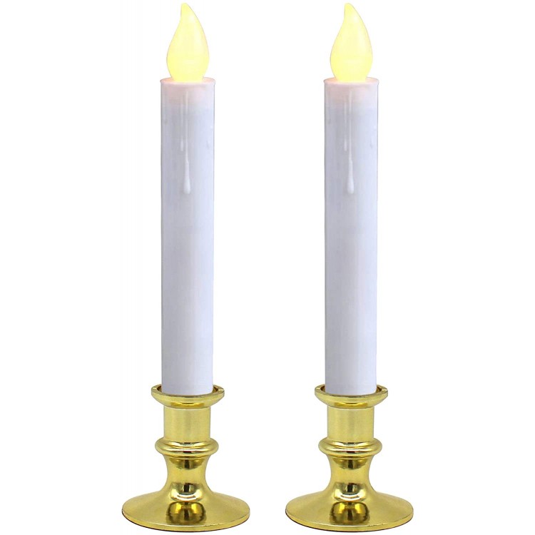 CVHOMEDECO. Battery Operated LED Window Candles Auto On Off Gold Plastic Base Flickering Warm Orange Flameless Lights Decor. 2 Pack