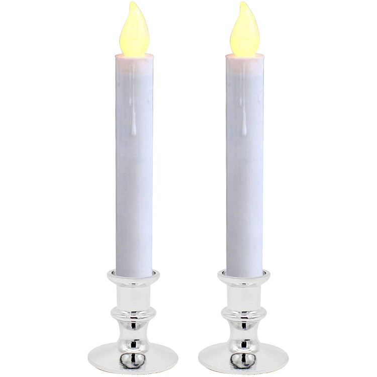 CVHOMEDECO. Battery Operated LED Window Candles Auto On Off Silver Plastic Base Flickering Warm Orange Flameless Lights Decor. 2 Pack
