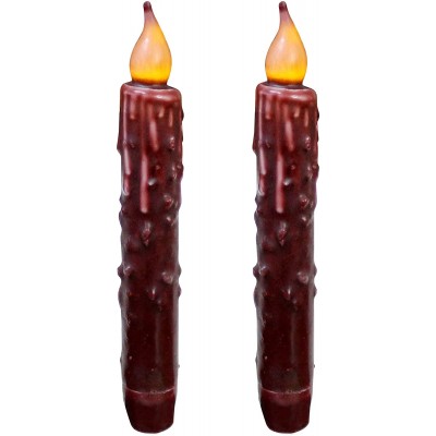 CVHOMEDECO. Real Wax Hand Dipped Battery Operated LED Timer Taper Candles Country Primitive Flameless Lights Décor 6-3 4 Inch Burgundy 2 PCS in a Package
