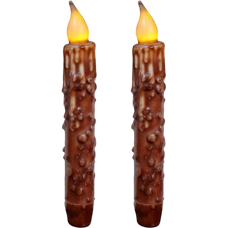 CVHOMEDECO. Real Wax Hand Dipped Battery Operated LED Timer Taper Candles Country Primitive Flameless Lights Décor 6-3 4 Inch Coffee 2 PCS in a Package