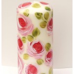Decorated Hand Painted Pink Rose Unscented Dripless Large 7 Inch Tall Ivory Pillar Candle Romantic Shabby Chic Home Decor
