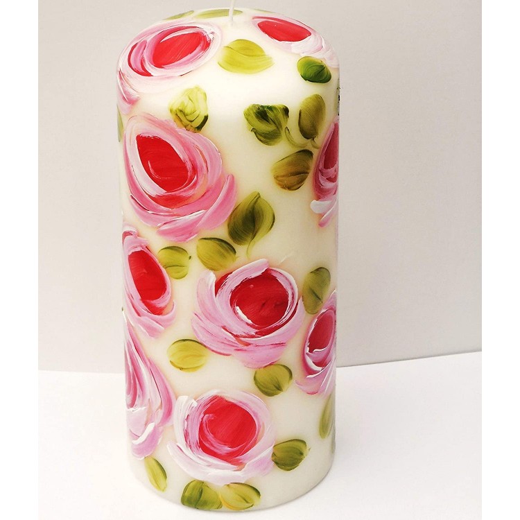 Decorated Hand Painted Pink Rose Unscented Dripless Large 7 Inch Tall Ivory Pillar Candle Romantic Shabby Chic Home Decor