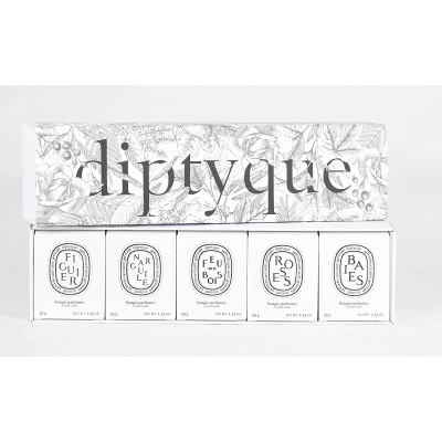 Diptyque Set of Five Scented Candles Baies Roses Figuier Fue De Bois Narguile Travel Size 2020 Fall Collection