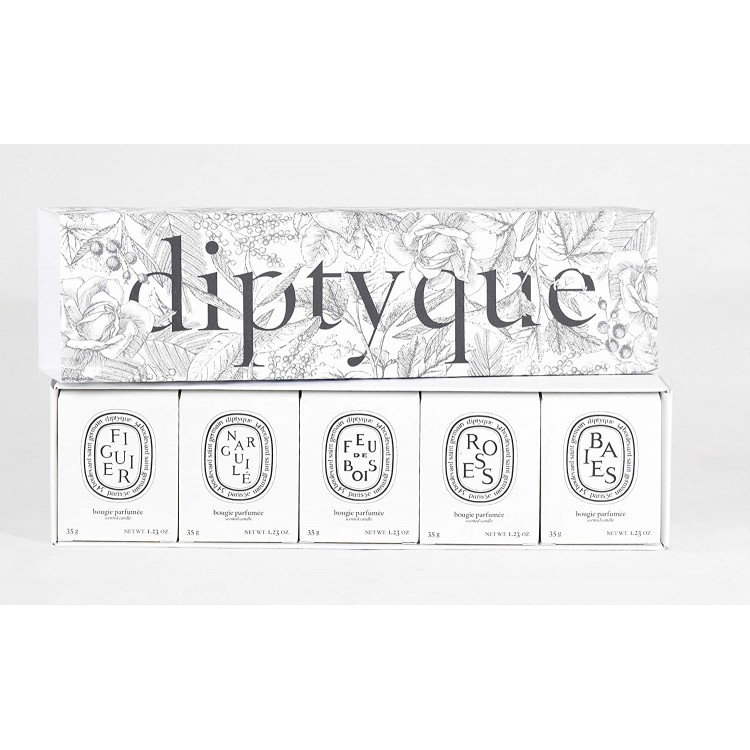 Diptyque Set of Five Scented Candles Baies Roses Figuier Fue De Bois Narguile Travel Size 2020 Fall Collection